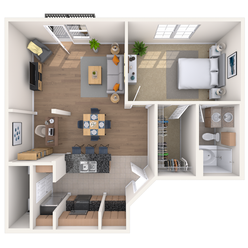 Floor plan for 1 bed, 1 bath, 840 sqft