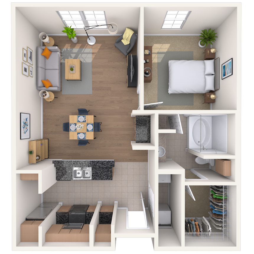 Floor plan for 1 bed, 1 bath, 950 sqft