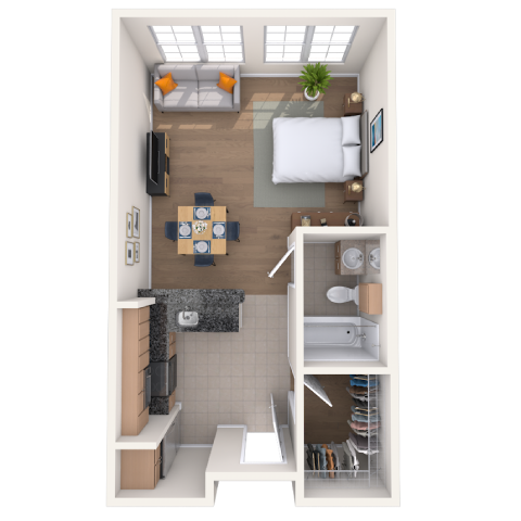 Floor plan for studio, 1 bath, 556 sqft
