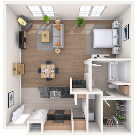 Floor plan for studio, 1 bath, 577 sqft