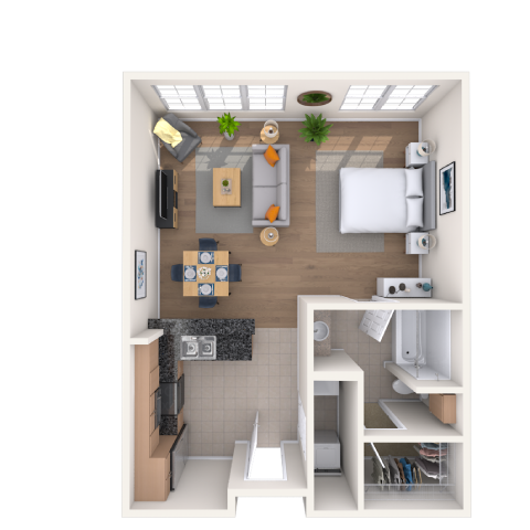 Floor plan for studio, 1 bath, 673 sqft