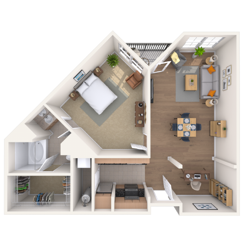 Floor plan for 1 bed, 1 bath, 951 sqft