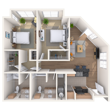 Floor plan for 2 beds, 2 baths, 1082 sqft