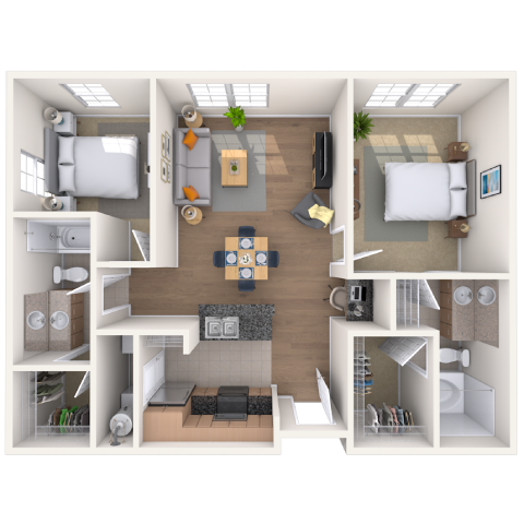 Floor plan for 2 beds, 2 baths, 1019 sqft