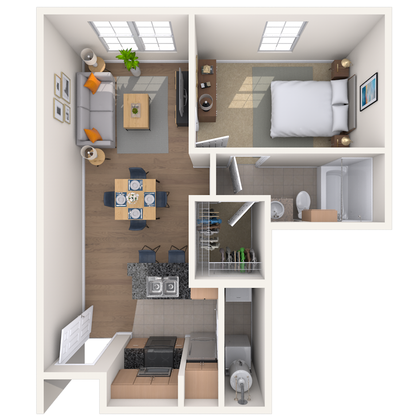 Floor plan for 1 bed, 1 bath, 622 sqft