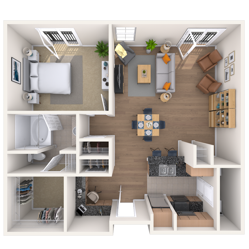 Floor plan for 1 bed, 1 bath, 965 sqft