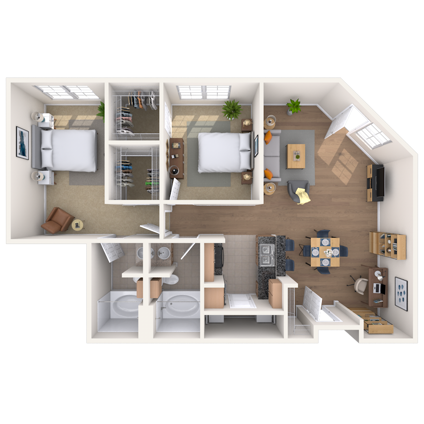 Floor plan for 2 beds, 2 baths, 1256 sqft