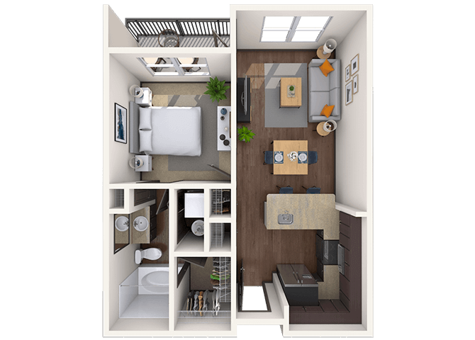 Floor plan for 1 bed, 1 bath, 637 sqft