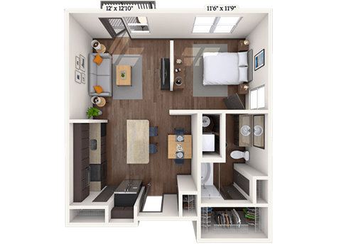 Floor plan for studio, 1 bath, 693 sqft