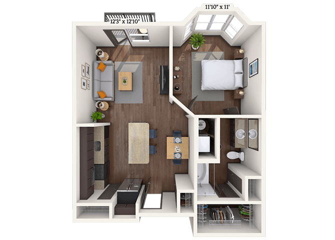 Floor plan for 1 bed, 1 bath, 707 sqft