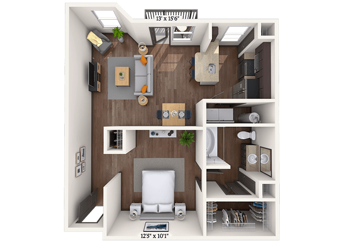 Floor plan for studio, 1 bath, 767 sqft