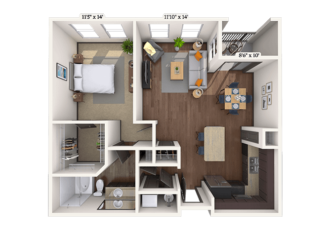 Floor plan for 1 bed, 1 bath, 873 sqft