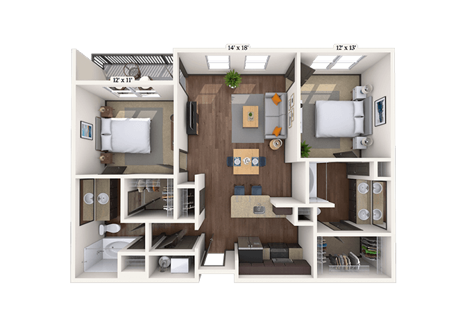 Floor plan for 2 beds, 2 baths, 1076 sqft