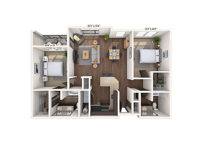 Floor plan for 2 beds, 2 baths, 1181 sqft
