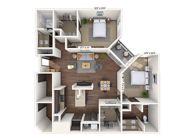 Floor plan for 2 beds, 2 baths, 1330 sqft
