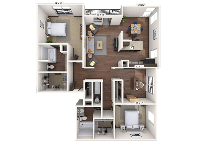 Floor plan for 2 beds, 2 baths, 1436 sqft