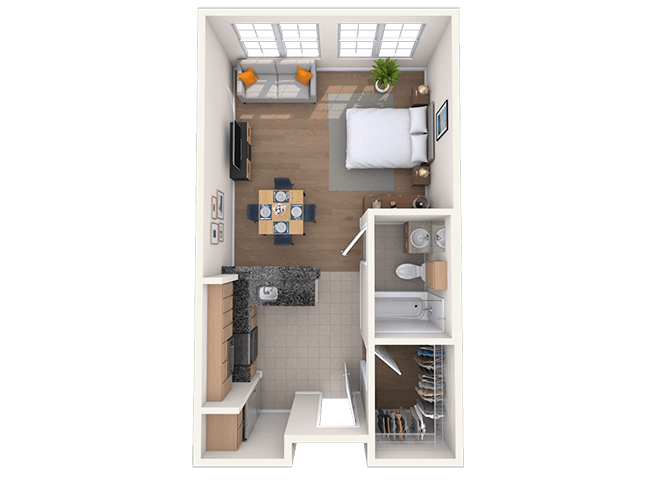 Floor plan for studio, 1 bath, 834 sqft