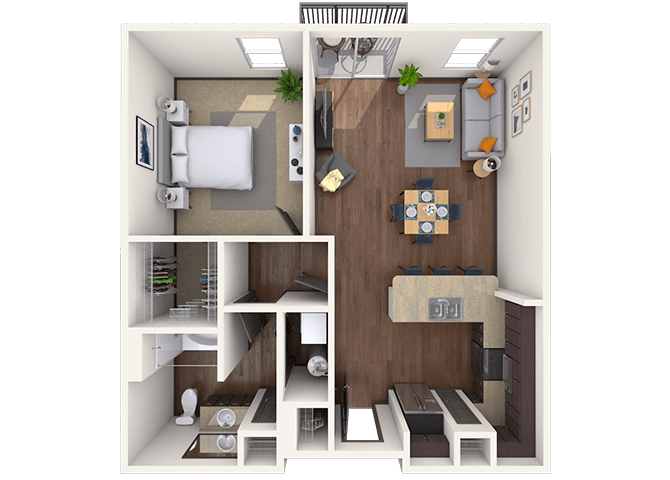Floor plan for 1 bed, 1 bath, 748 sqft