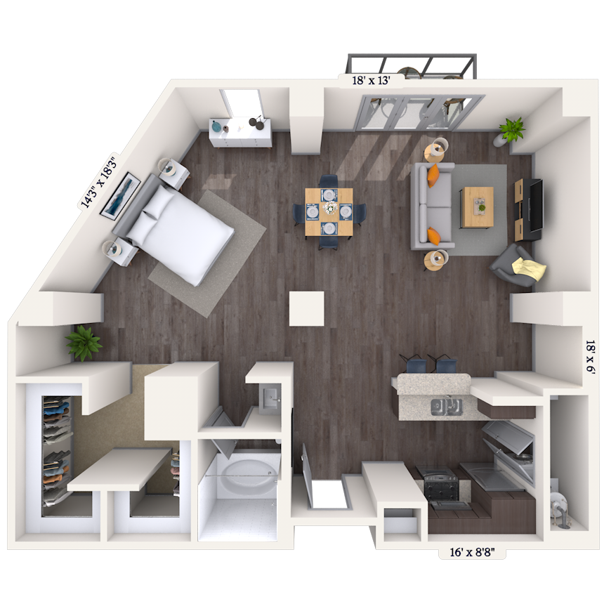 Floor plan for studio, 1 bath, 903 sqft