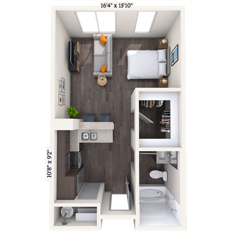 Floor plan for studio, 1 bath, 749 sqft