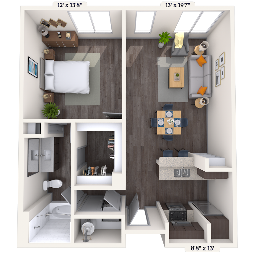 Floor plan for 1 bed, 1 bath, 865 sqft