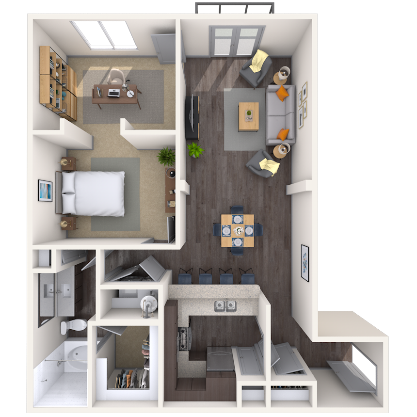 Floor plan for 1 bed, 1 bath, 888 sqft
