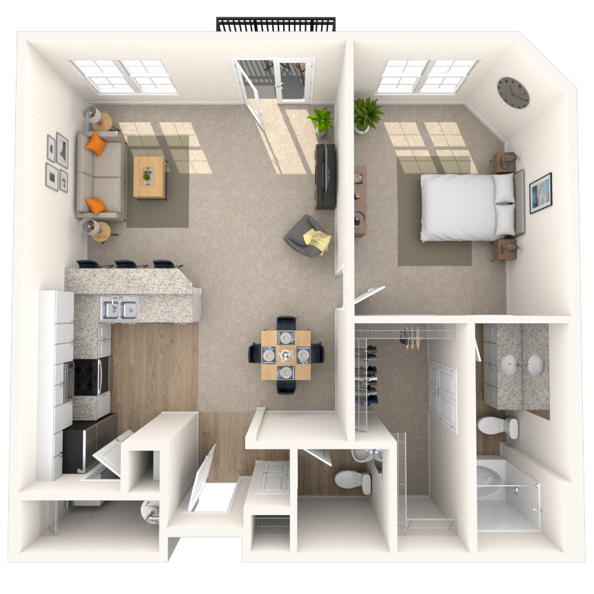 Floor plan for 1 bed, 1.5 baths, 862 sqft