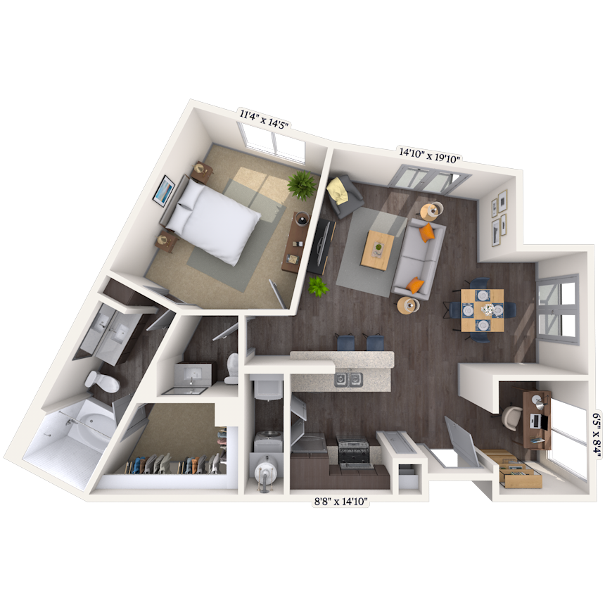 Floor plan for 1 bed, 1.5 baths, 905 sqft