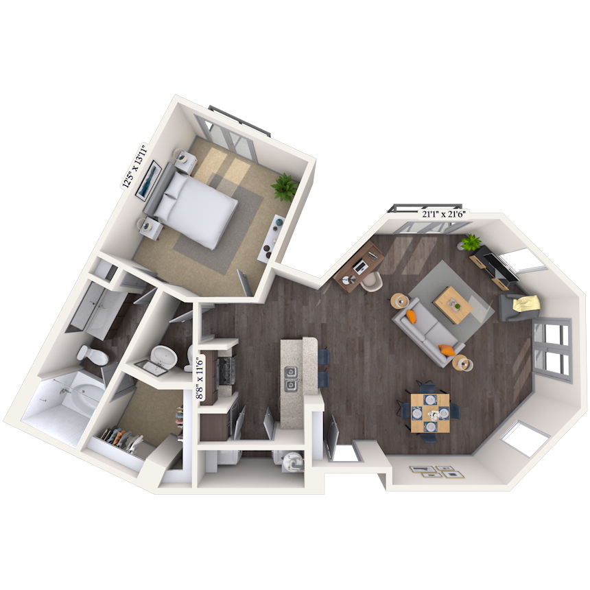 Floor plan for 1 bed, 1.5 baths, 965 sqft
