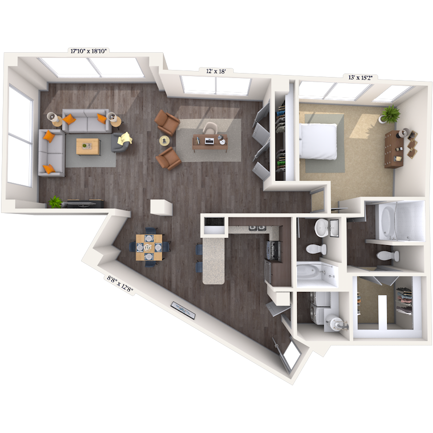 Floor plan for 1 bed, 2 baths, 1426 sqft