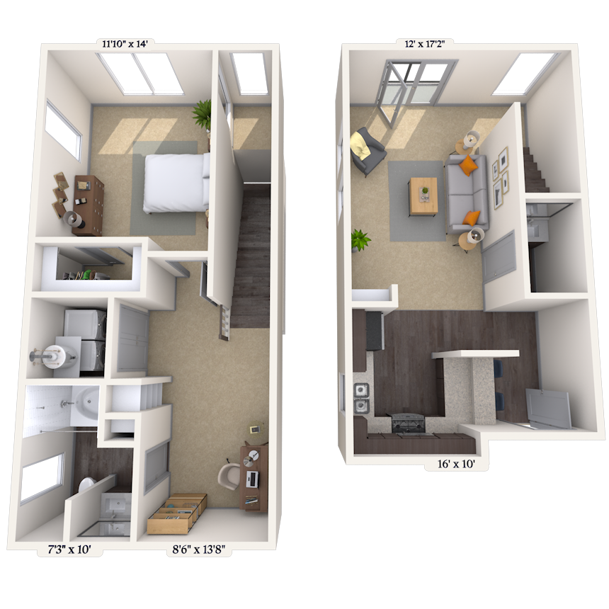 Floor plan for 1 bed, 1.5 baths, 1088 sqft