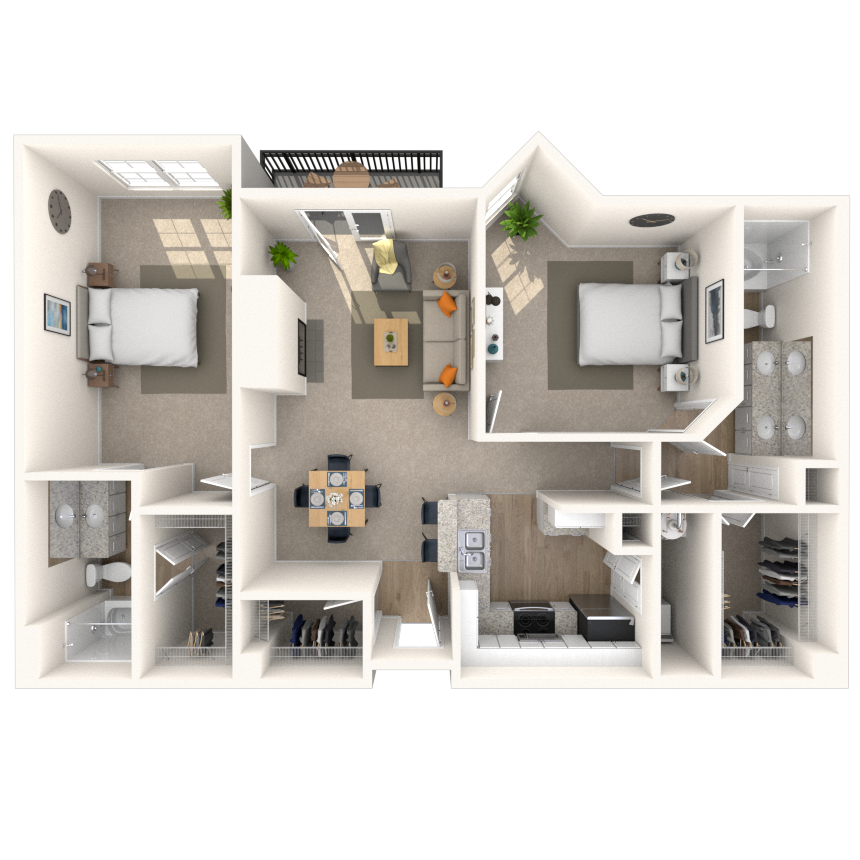 Floor plan for 2 beds, 2 baths, 1267 sqft