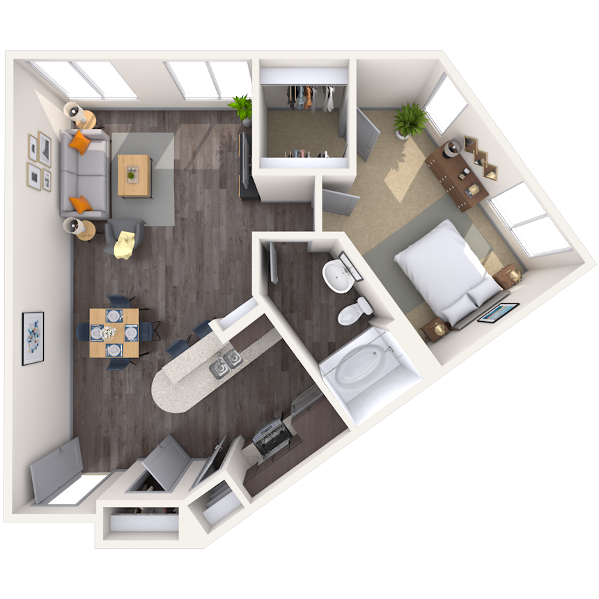 Floor plan for 1 bed, 1 bath, 790 sqft