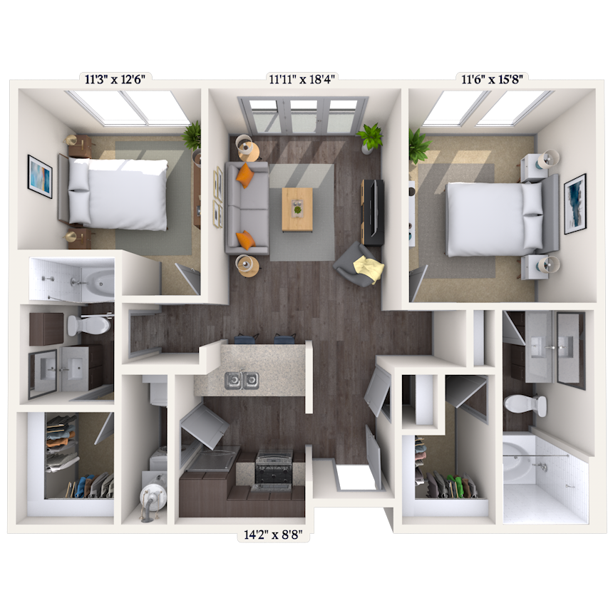 Floor plan for 2 beds, 2 baths, 1101 sqft
