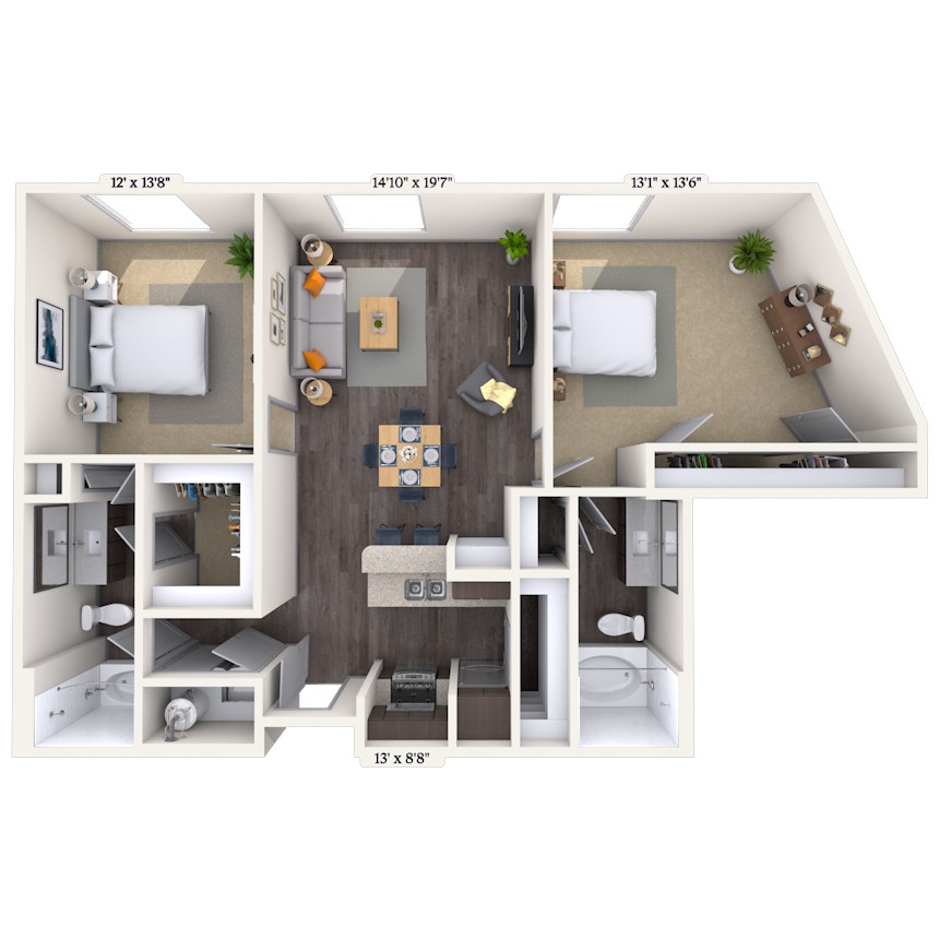 Floor plan for 2 beds, 2 baths, 1182 sqft