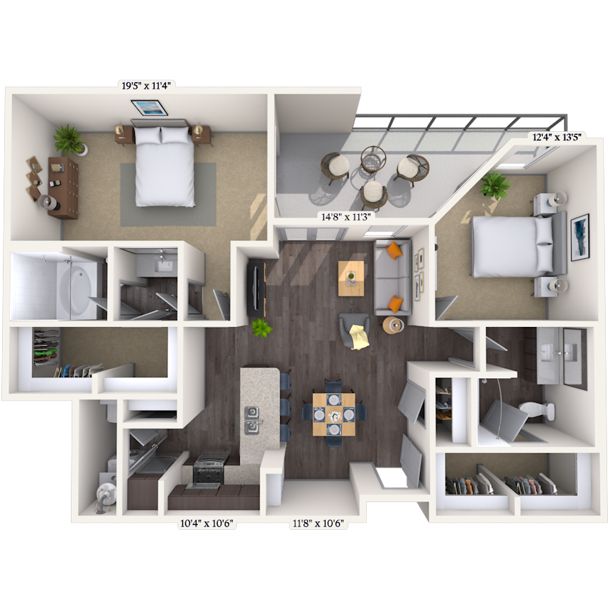 Floor plan for 2 beds, 2 baths, 1191 sqft