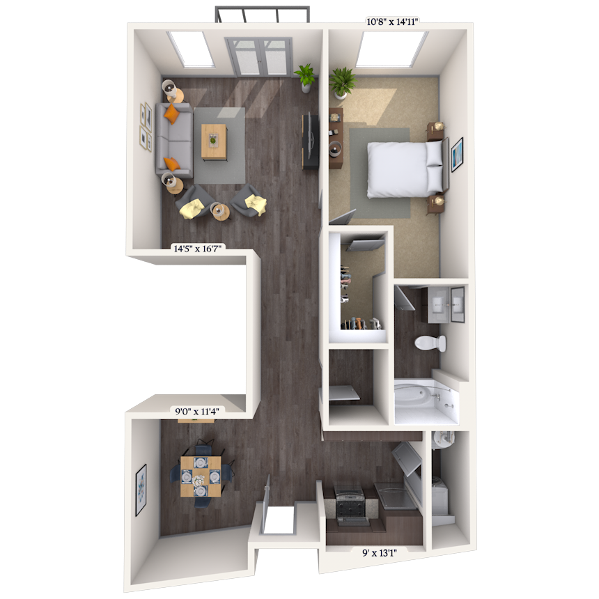 Floor plan for 1 bed, 1 bath, 960 sqft