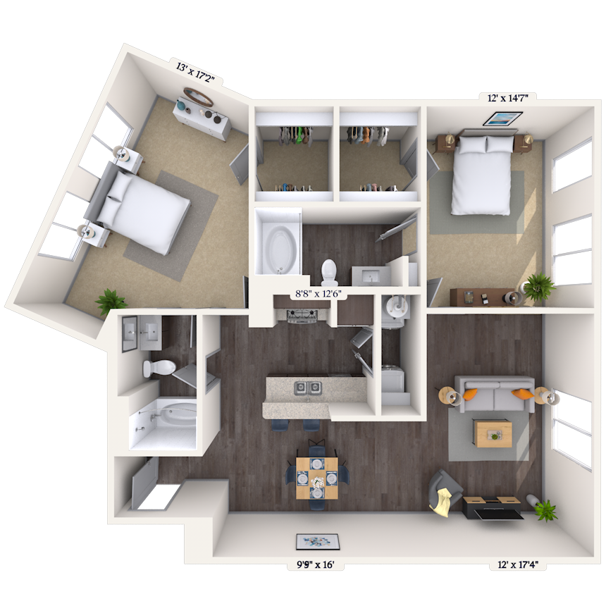 Floor plan for 2 beds, 2 baths, 1222 sqft