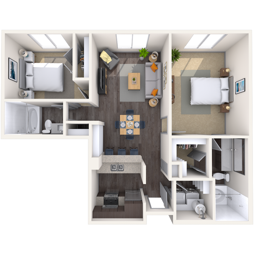 Floor plan for 2 beds, 2 baths, 905 sqft