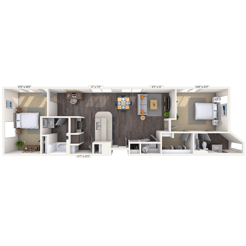 Floor plan for 2 beds, 2 baths, 1236 sqft