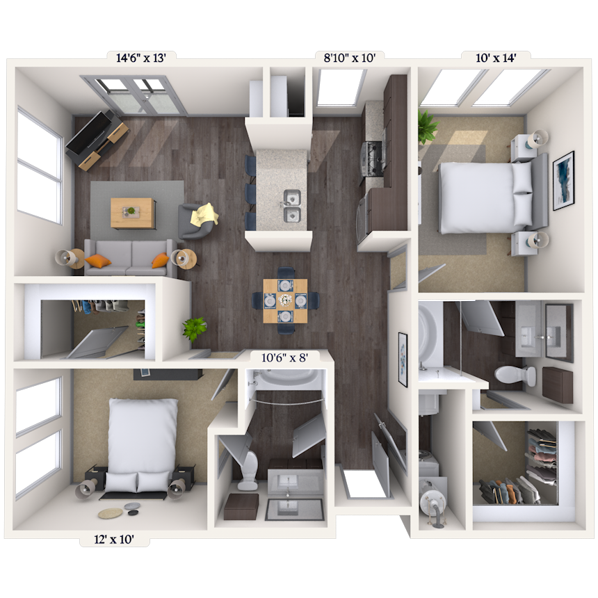 Floor plan for 2 beds, 2 baths, 1057 sqft