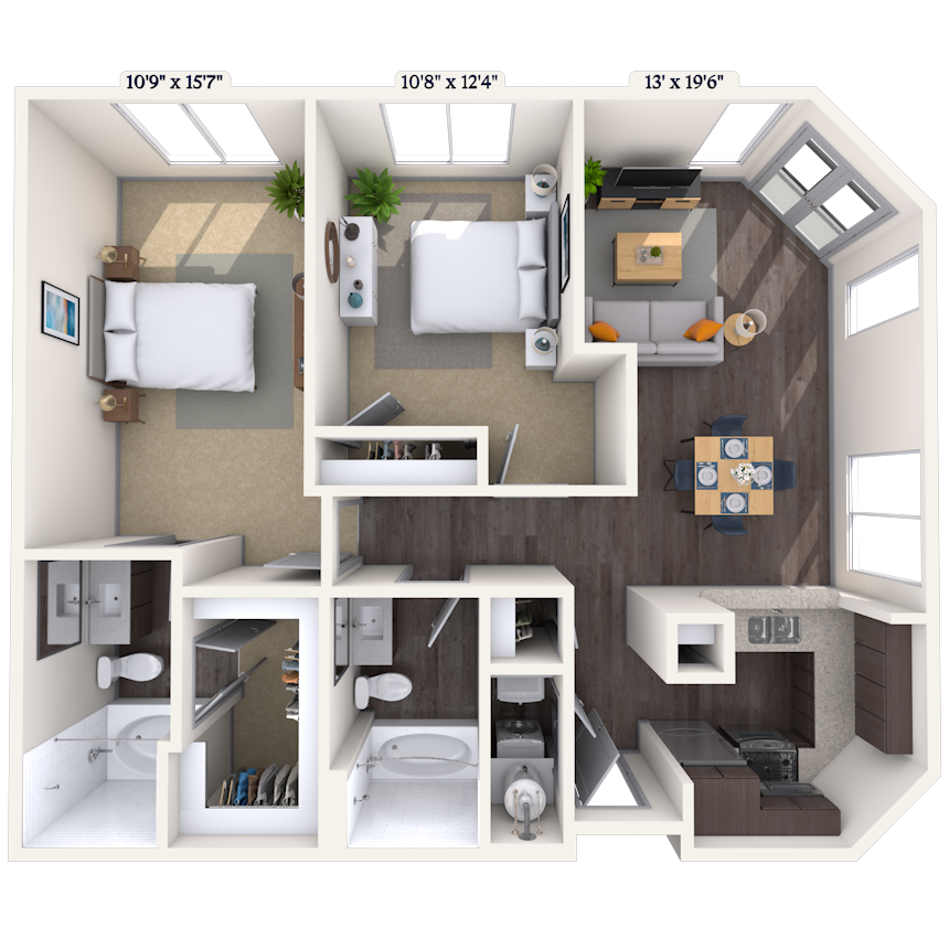 Floor plan for 2 beds, 2 baths, 1107 sqft
