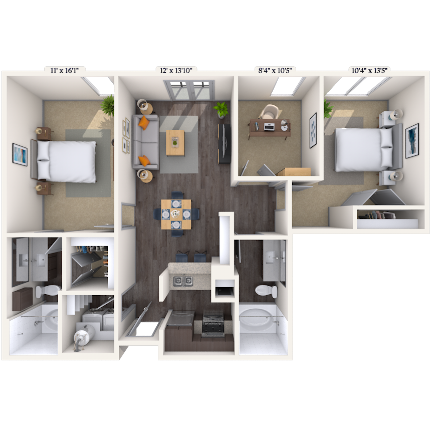 Floor plan for 2 beds, 2 baths, 1040 sqft