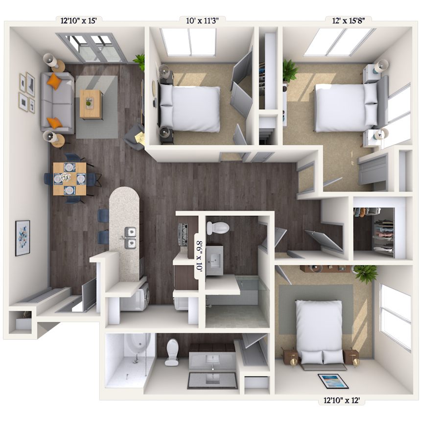 Floor plan for 3 beds, 2 baths, 1275 sqft