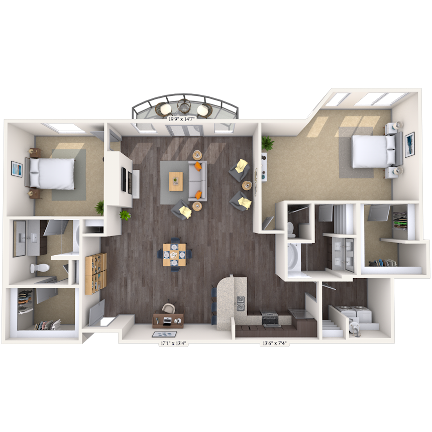 Floor plan for 2 beds, 2 baths, 1392 sqft