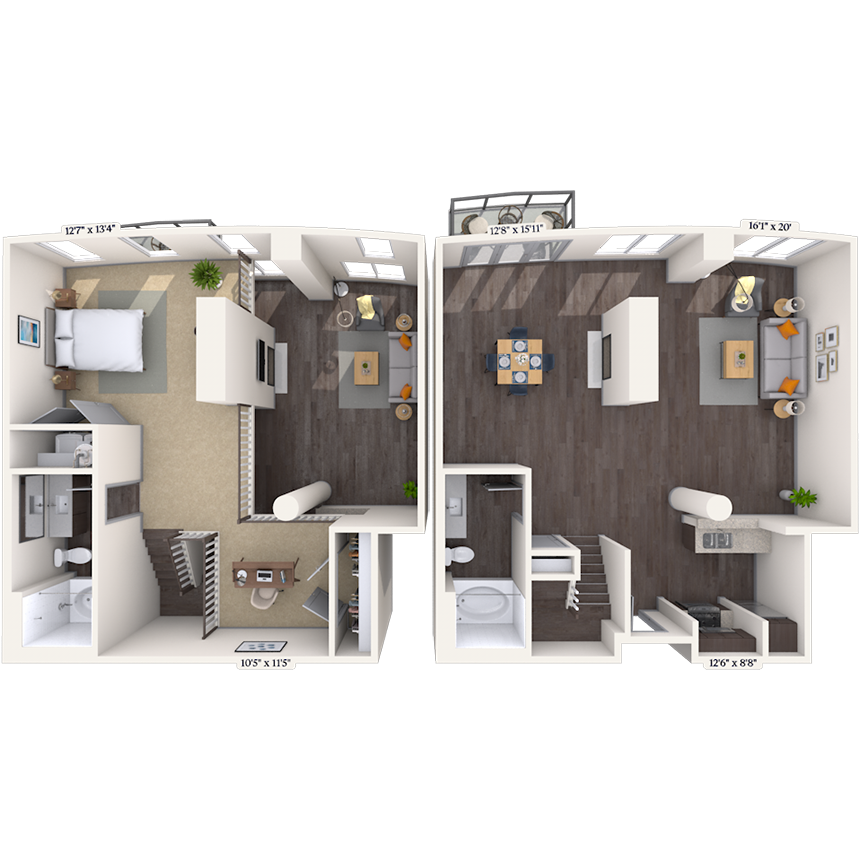 Floor plan for 1 bed, 2 baths, 1416 sqft