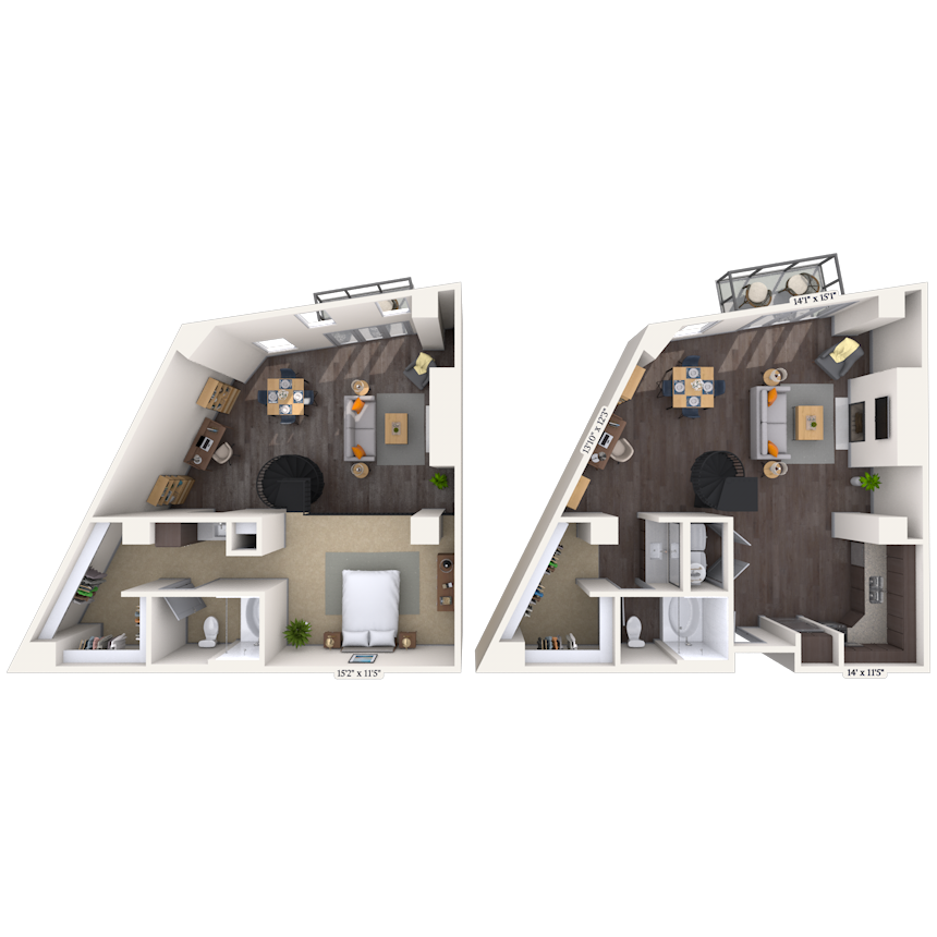 Floor plan for 1 bed, 2 baths, 1187 sqft