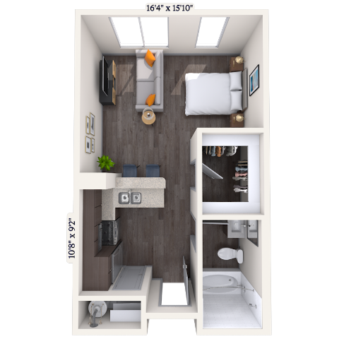 Floor plan for studio, 1 bath, 693 sqft