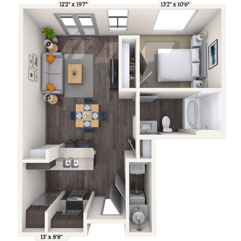 Floor plan for studio, 1 bath, 653 sqft