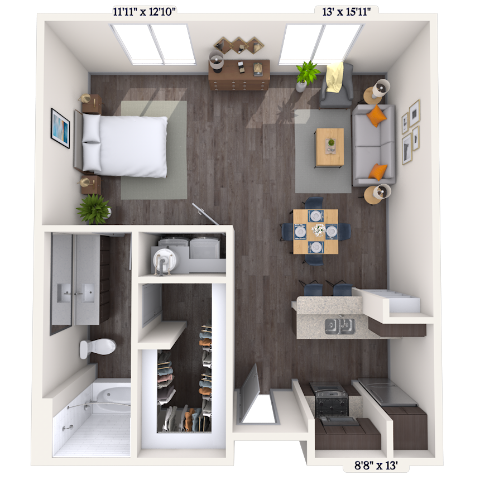 Floor plan for studio, 1 bath, 859 sqft